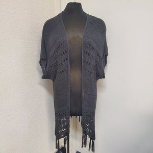 Black Crochet Open-Front Fringe Cape